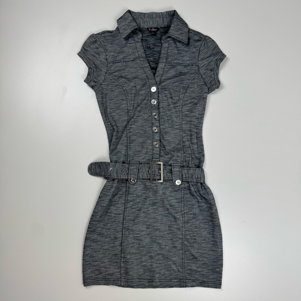 Guess Vintage 90’s Y2K Gray Belted Buckle Button Mini Dress Size XS Grunge Retro